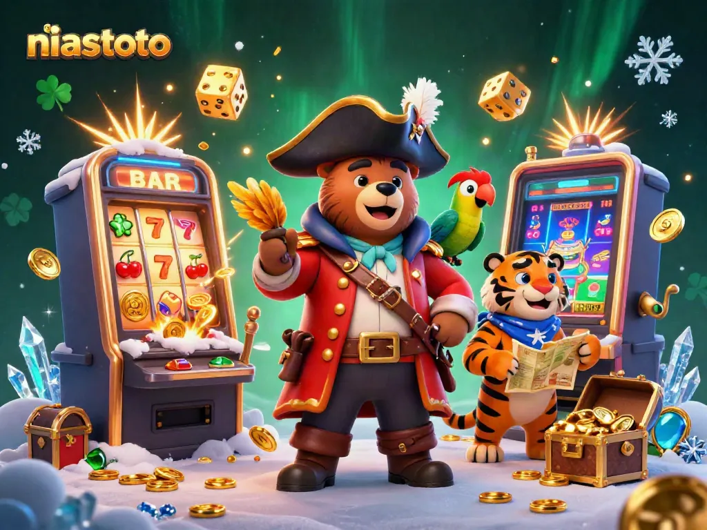 Mesin slot ledakan jackpot niastoto bersama karakter pemenang dalam suasana kasino yang ramai.