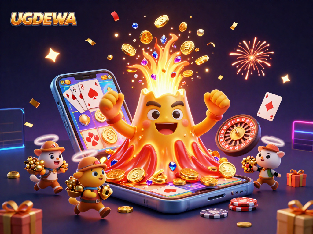 UGDEWA-themed 3D illustration showing a volcano erupting coins, gems, and animals in a vibrant casino scene.