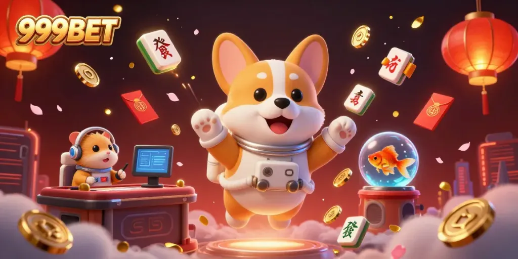Experience 999BET's vibrant casino scene with floating characters, chips, and stunning visuals.