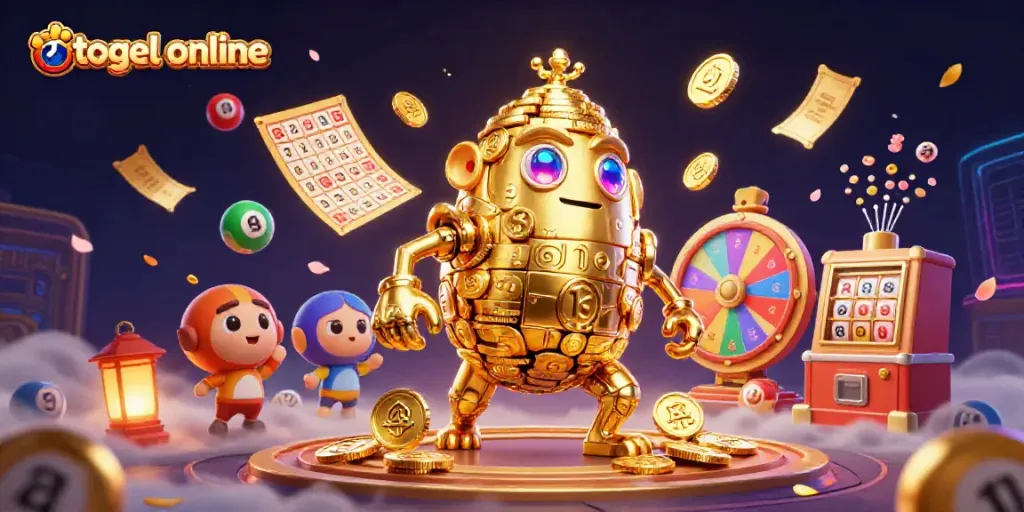 Menang di togel online dengan informasi menarik dari golem emas dan bola lotere berwarna-warni.