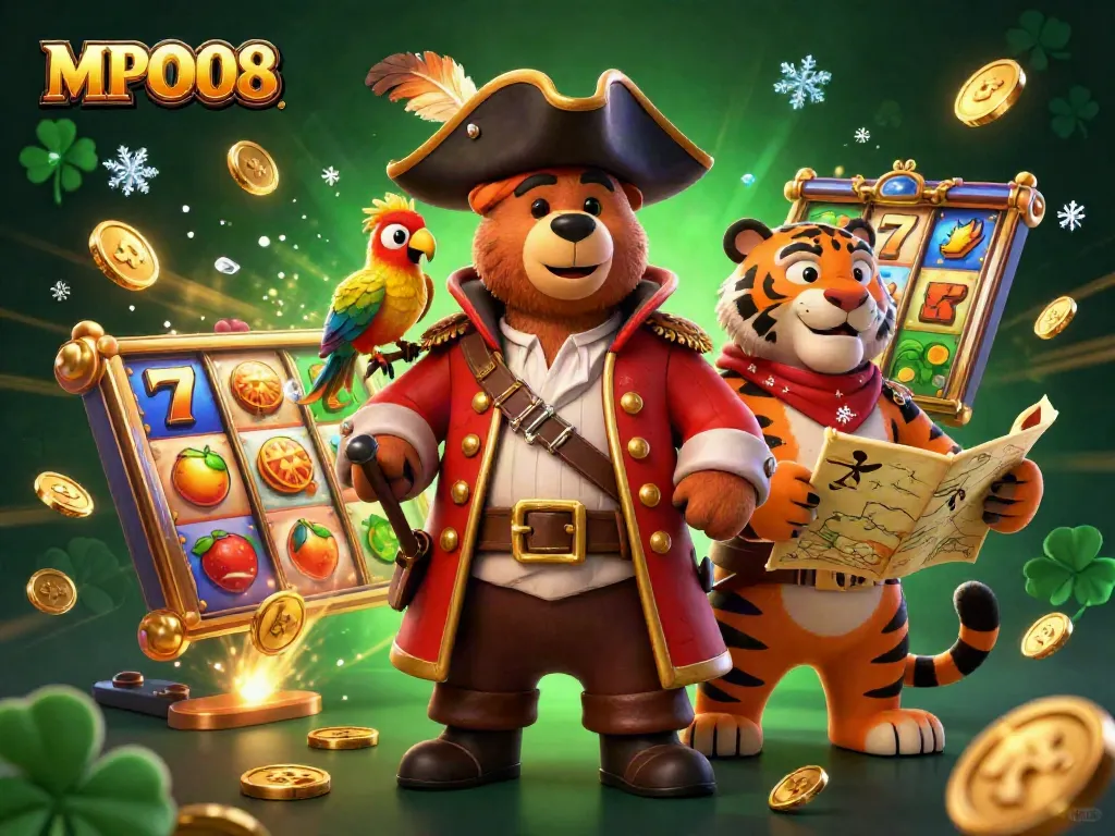MPO08 brings excitement to the game with a dynamic scene of a pirate captain bear,
tiger, and slot reels swirling in a vibrant atmosphere.