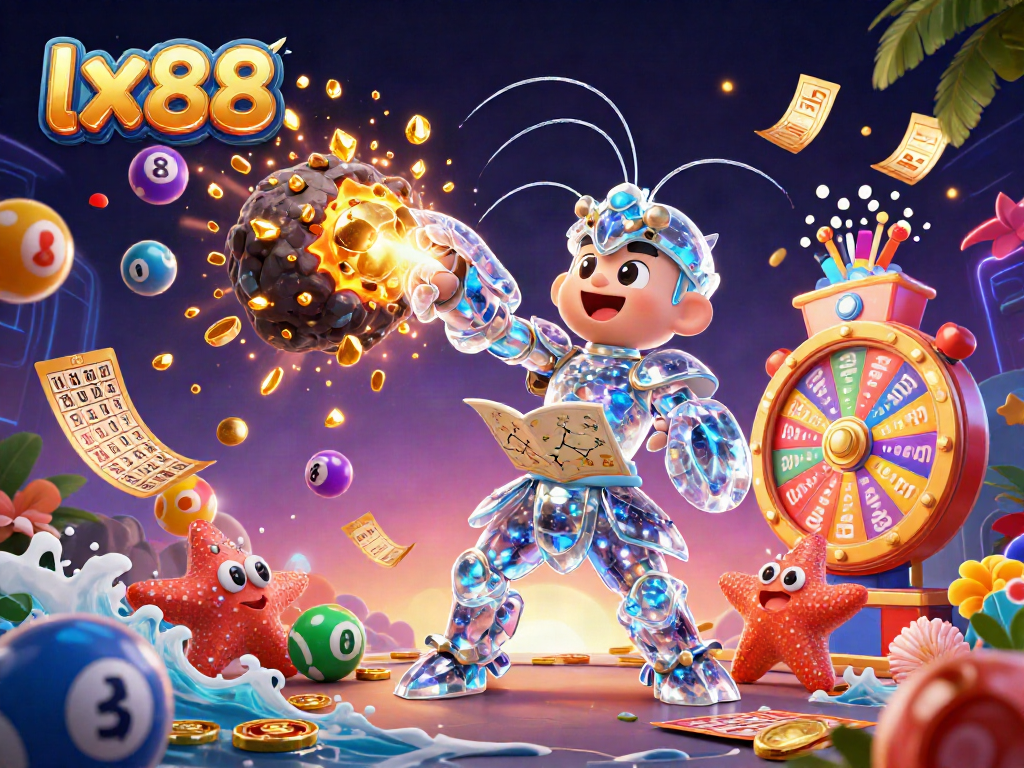 Experience the excitement of lx88 with colorful lottery balls, golden prizes, and a dynamic galactic scene.