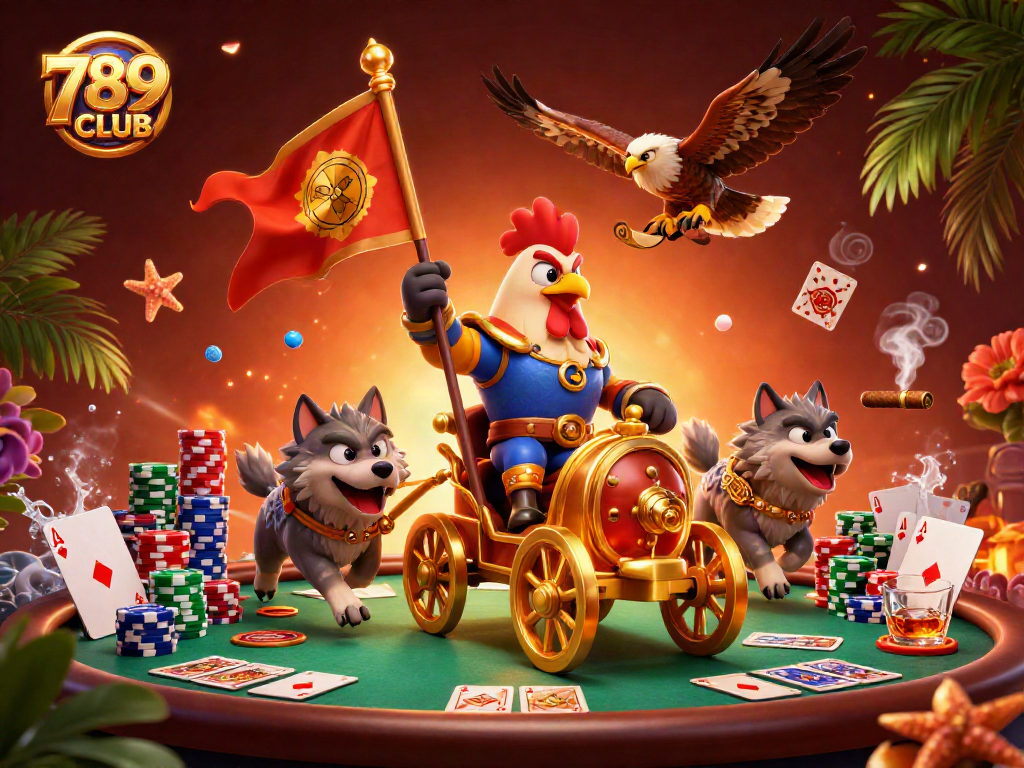 Engage with thrilling games at 789CLUB, illustrated by a 3D rooster warlord in casino battle.