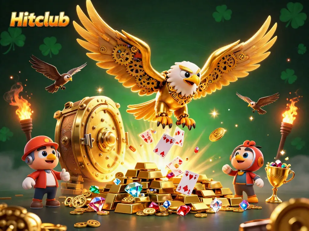 Experience thrilling moments at Hitclub with golden treasures and a cybernetic eagle soaring through cards