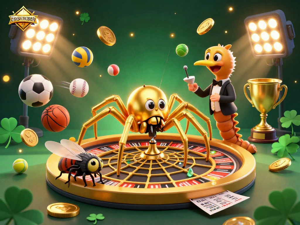 Experience thrilling bets with MASKOKI889 in a vibrant casino scene featuring animated characters and sports elements.