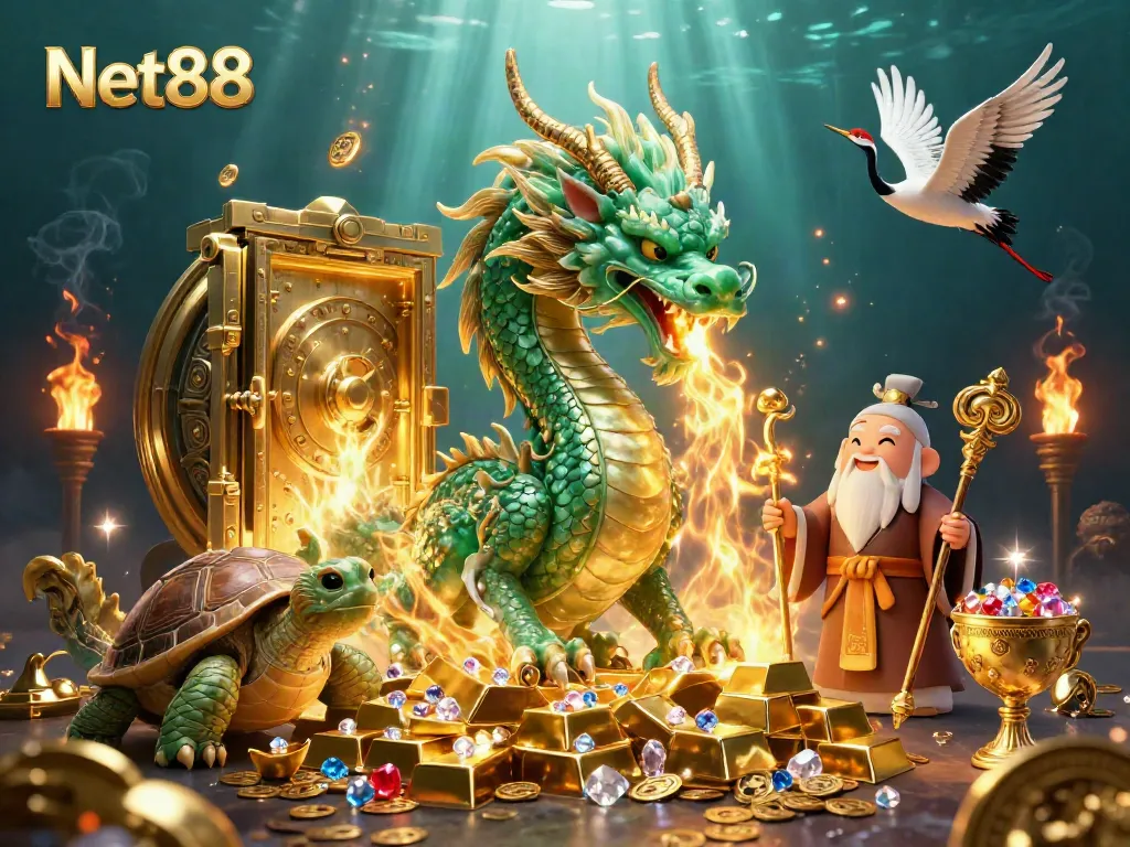Net88 players engaging with a vibrant 3D casino scene, featuring a dragon, turtle, and cranes amidst treasures.
