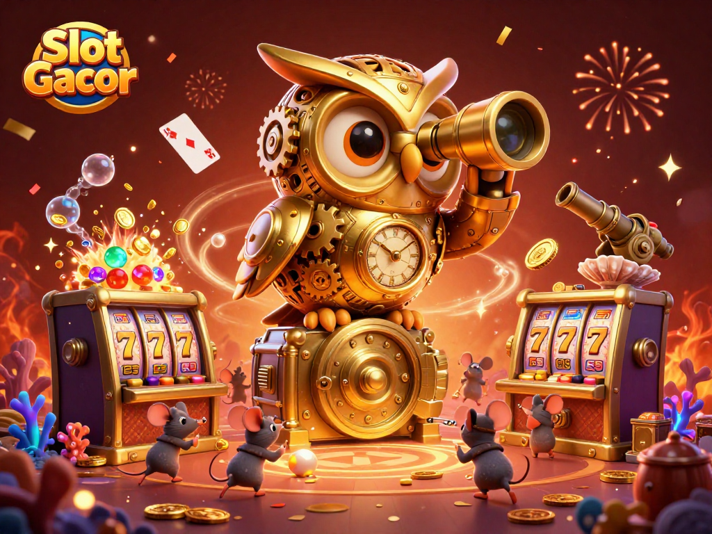 Experience the thrill of Slot Gacor with this dynamic illustration showing an owl scanning the casino floor.