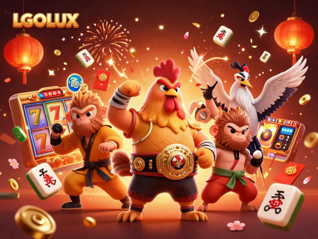 Play exciting casino games with LGOLUX, featuring a dynamic scene with vibrant characters and gambling elements.