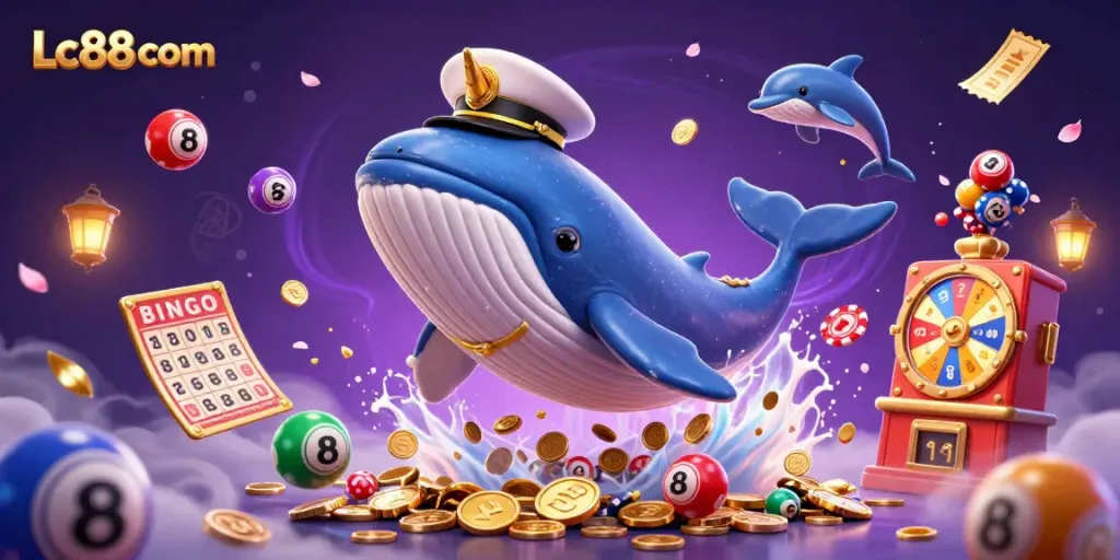 Engage with Lc88 com as the cartoon whale, narwhal, and dolphins celebrate a vibrant carnival of coins and gambling.