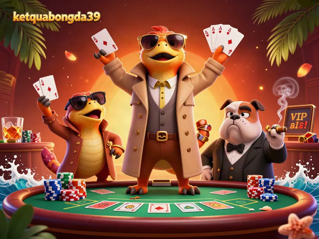 Engage with ketquabongda39 as playful raptors in a trench coat enter a casino, surrounded by poker elements.