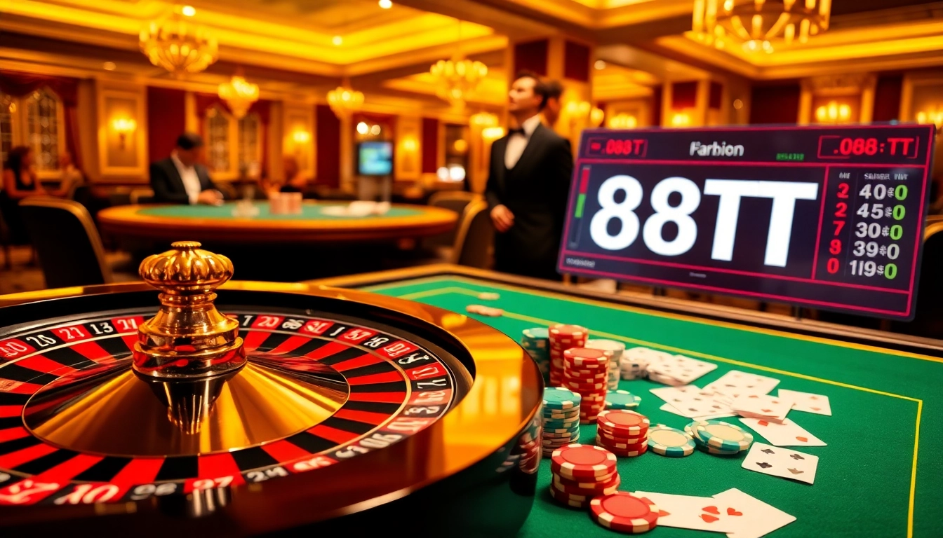 Experience the excitement of gambling at 88TT with vibrant casino tables, chips, and a live dealer.