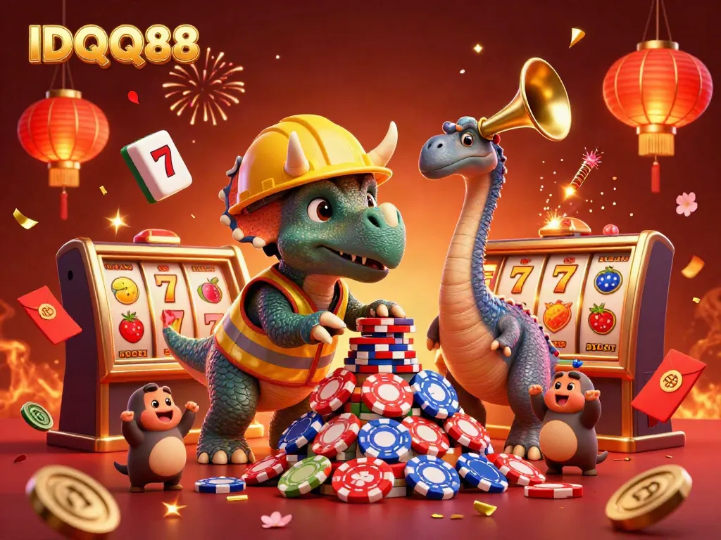 Celebrate big wins at IDQQ88 with a vibrant 3D casino scene featuring characters building poker chip pyramids and slot machines.