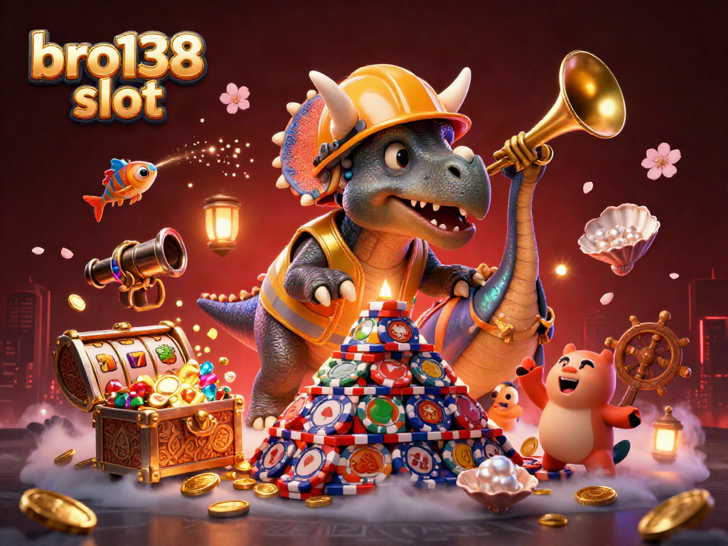 Spin to win on the bro138 slot with a vibrant celebration featuring a triceratops and winning elements.