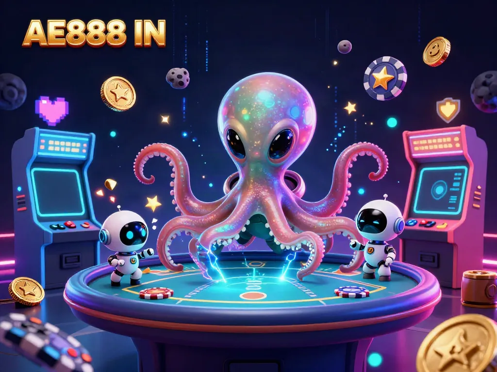 Experience the thrilling gameplay of AE888 IN with a galactic octopus dealer and casino elements.