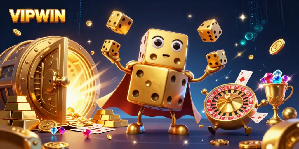 Experience the thrill at VIPWIN with dazzling golden dice, gems, and vibrant casino elements.