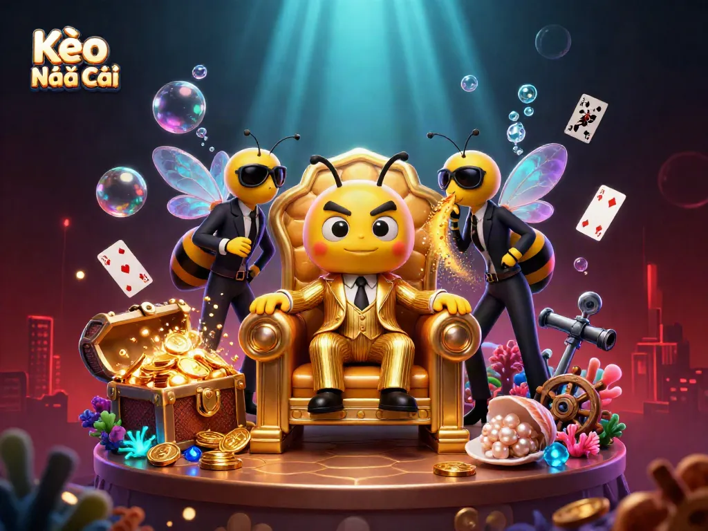 Kèo Nhà Cái showcases a cartoon bumblebee mob boss with dynamic gold effects and gambling elements for sports betting.