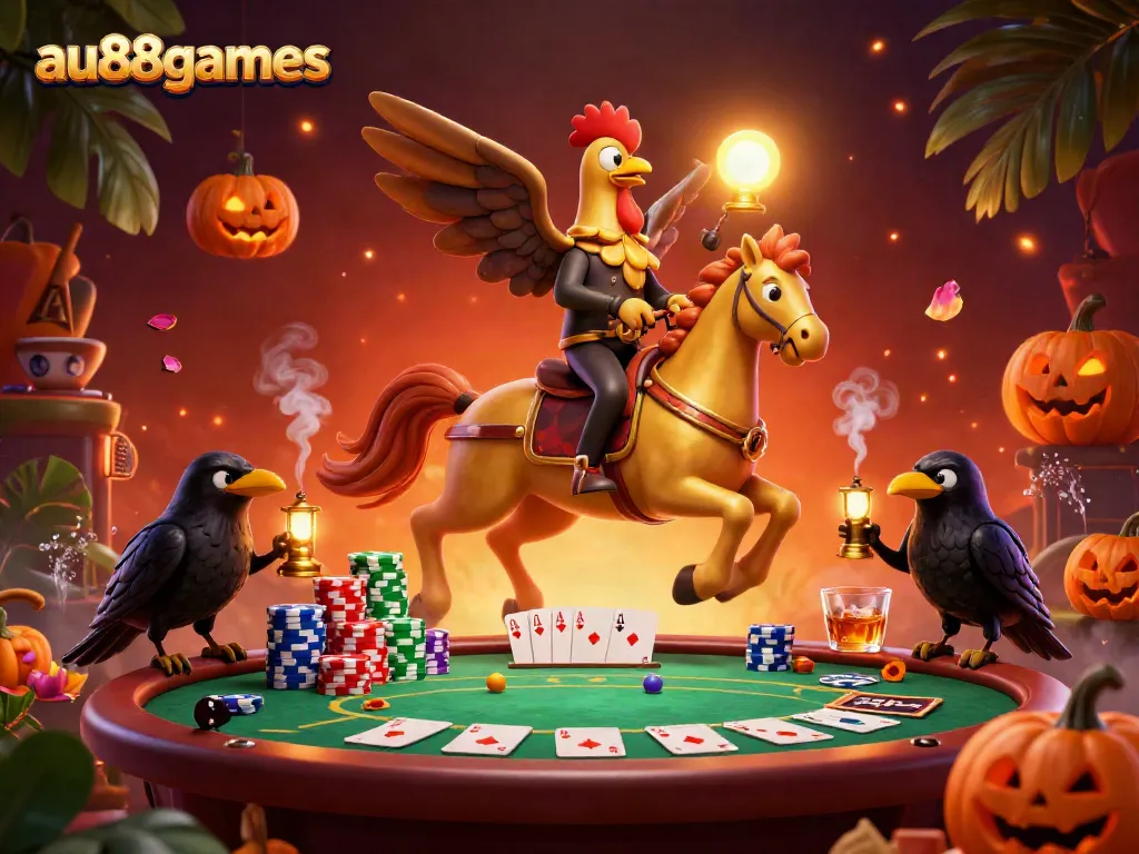 Experience exciting poker action at au88games with a golden rooster headless horseman and vibrant casino elements.