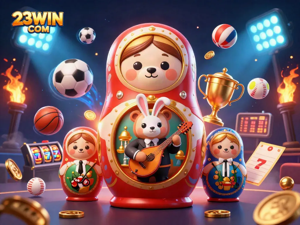 Bet on thrilling games at 23WIN COM with vibrant 3D gambling characters and sports elements.
