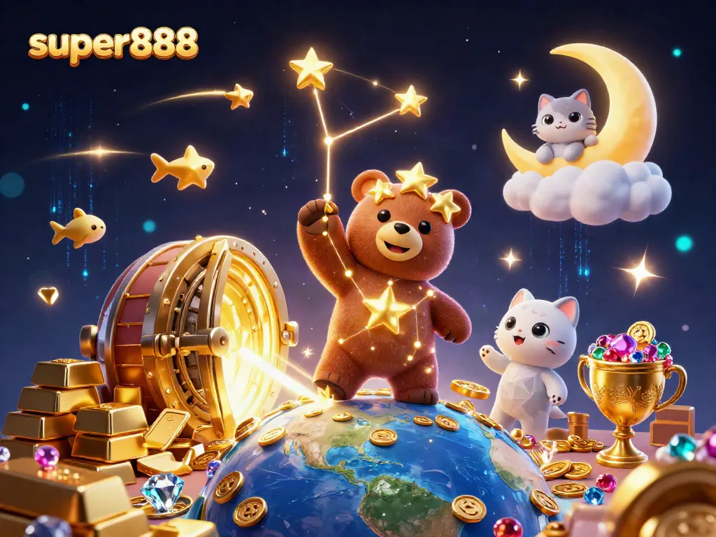 Menangkan uang di super888 dengan keberuntungan bintang berkilau dan harta karun emas.