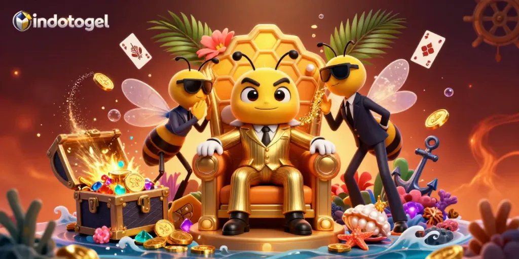 Experience thrilling gaming action on indotogel as a bumblebee mob boss oversees a vibrant treasure-filled scene.