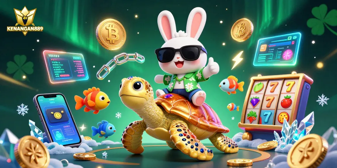Engage with KENANGAN889 as the playful lucky rabbit rides a golden sea turtle in a vibrant casino scene.