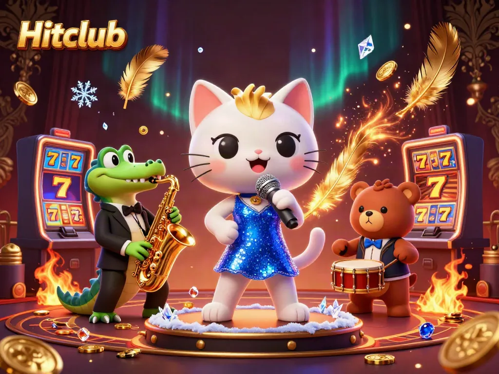 Hitclub promotional scene featuring a jazz-singer cat, saxophone crocodile, and drum bear in a dynamic casino environment.