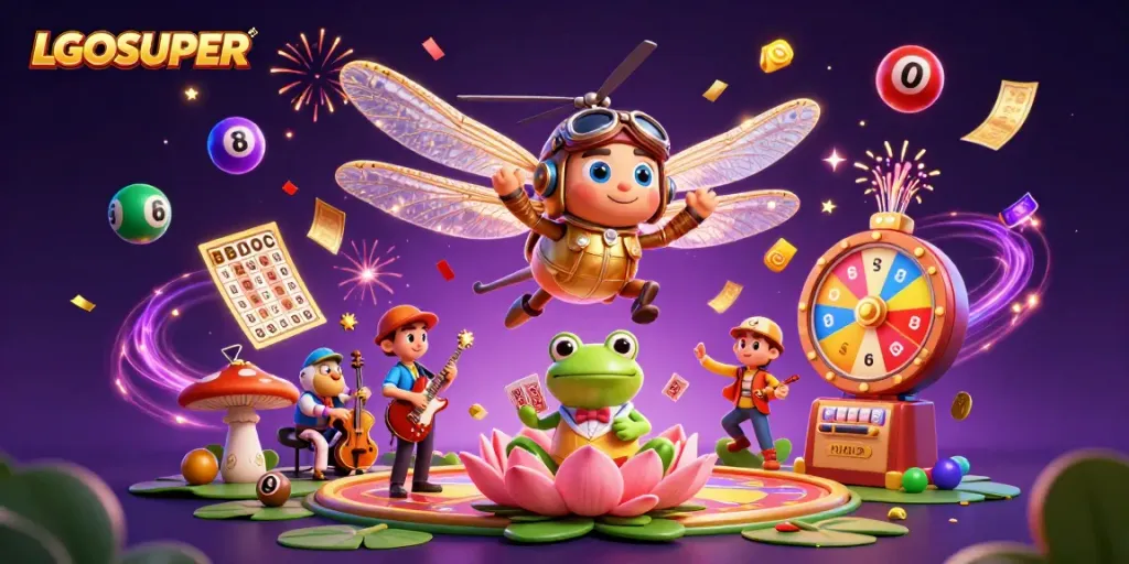Experience the excitement of LGOSUPER with a lively casino scene featuring a dragonfly pilot, frog dealer, and animated gaming elements.
