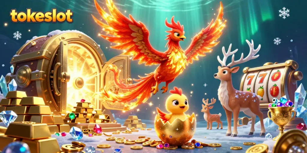 TokeSlot offers exhilarating gaming experiences, featuring vibrant 3D phoenix and treasure-filled scenes.
