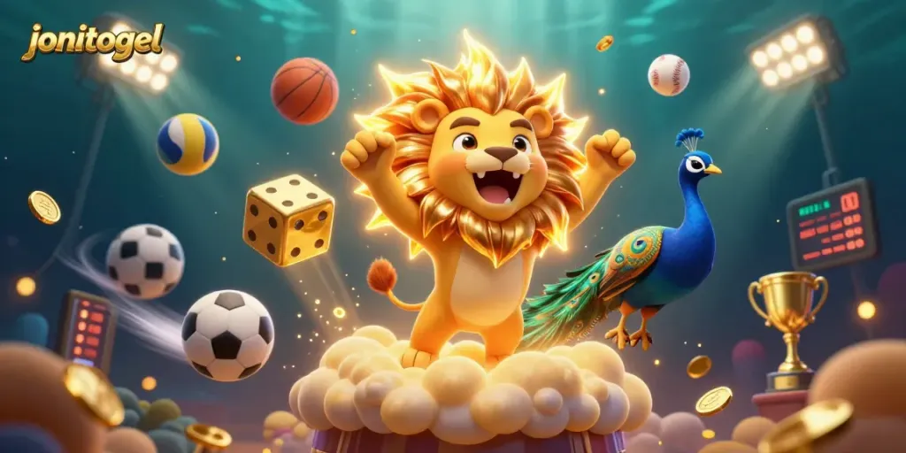 Experience thrilling jonitogel gameplay with golden dice and vibrant sports elements in a dynamic casino scene.
