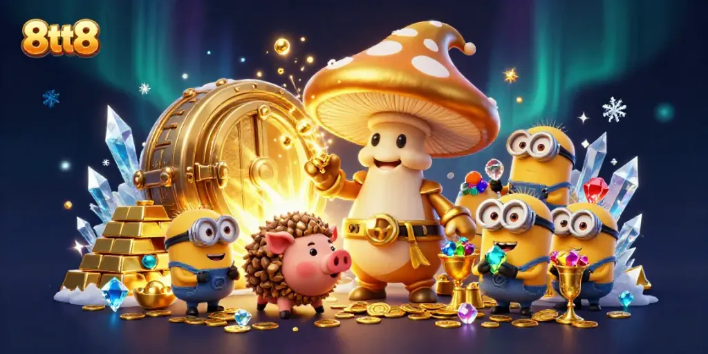 Gamble and win with 8tt8's enchanting golden wizard surrounded by treasure and magical gems.