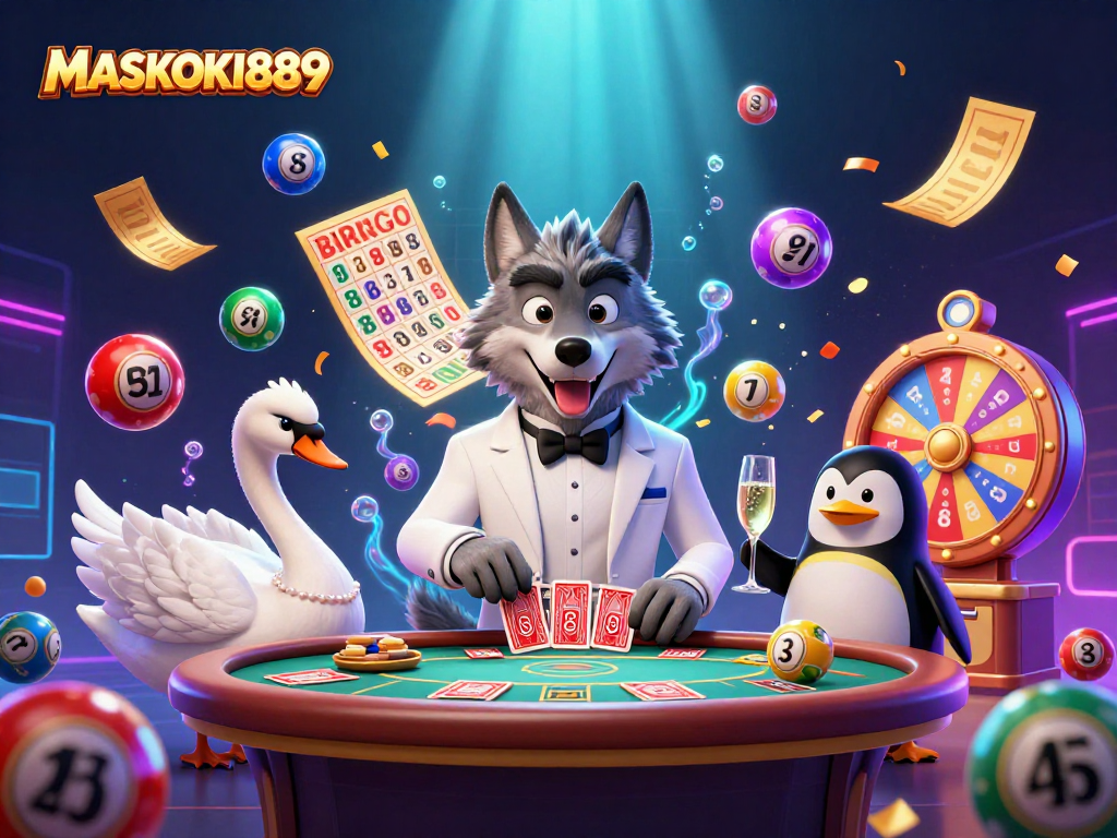 Experience the thrill of MASKOKI889 with a vibrant casino scene featuring animated characters and colorful gaming elements.
