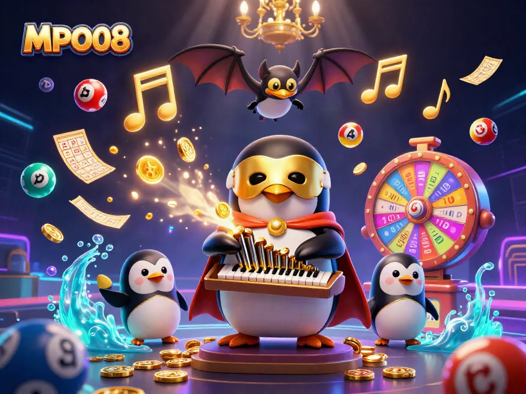MPO08 showcases a glamorous 3D illustration of gambling elements with a playful penguin and bat in action.