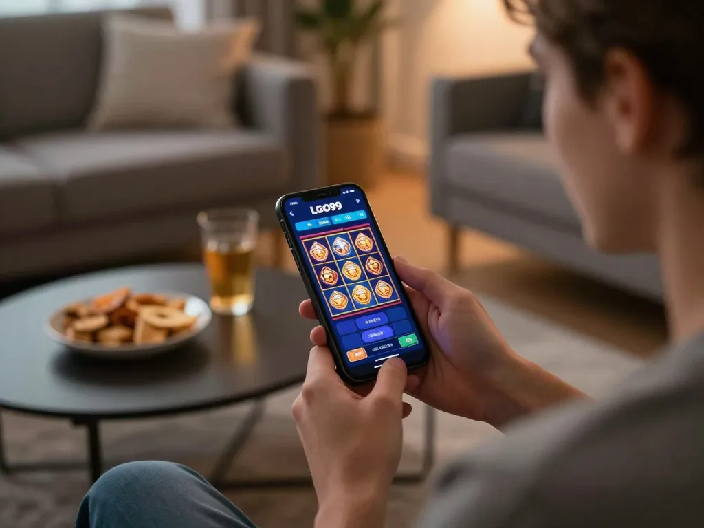 LGO99 user engaging with casino app in a cozy home setting, focusing on slots gameplay