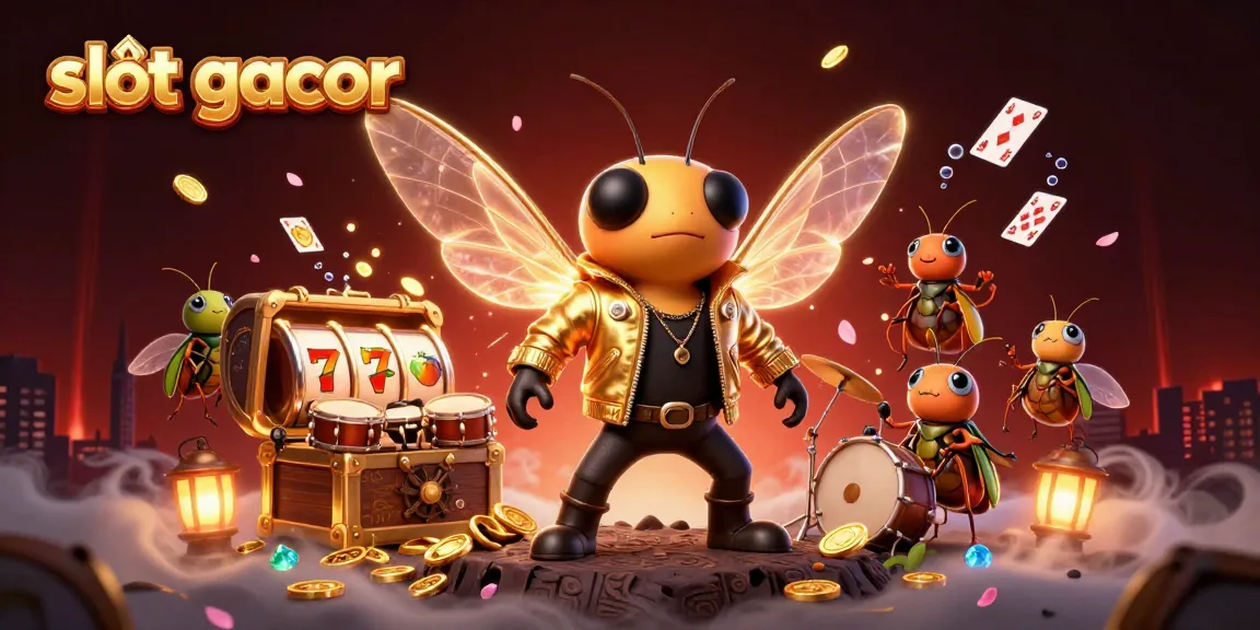 Experience the thrill of slot gacor with a 3D rock star emerging in a vibrant casino-themed illustration.