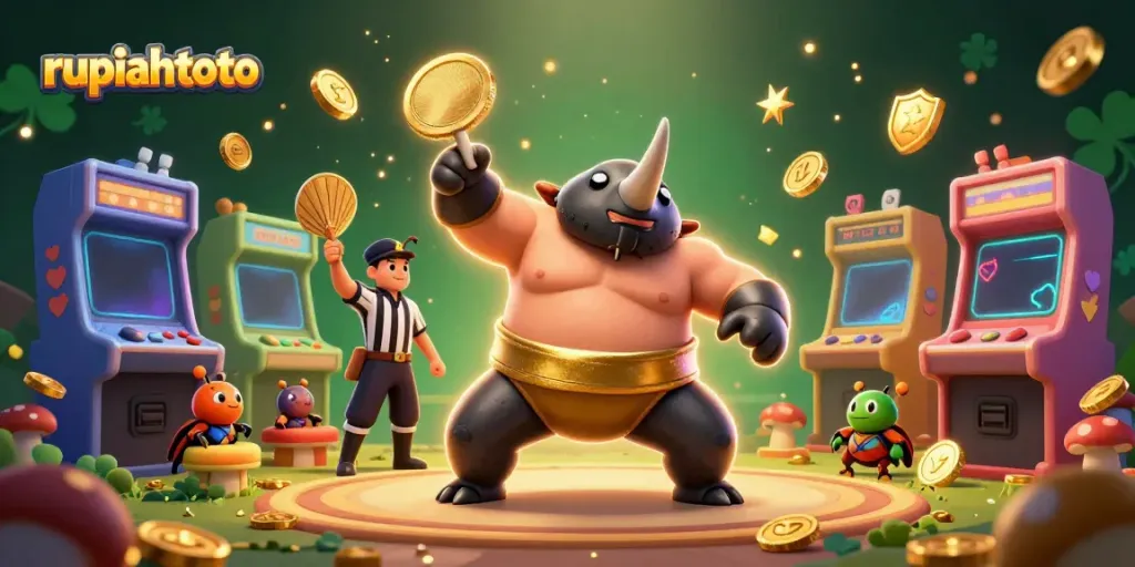 Rupiahtoto menampilkan champion kejuaraan beetle sumo yang kuat di tengah koin emas bersinar.