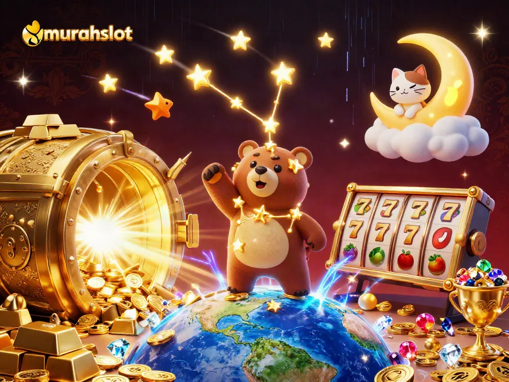 Experience the excitement of murahslot with vibrant jackpot slots and golden treasure in a magical illustration.