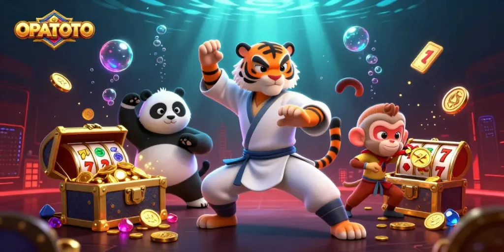 Play thrilling casino games with OPPATOTO's vibrant 3D illustration featuring animated characters and slot elements.