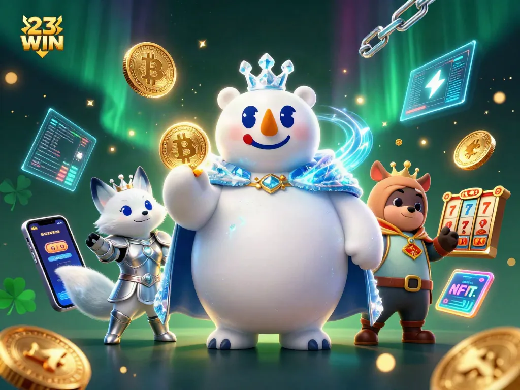 Engage in thrilling slots action with 23WIN featuring colorful characters and crypto elements.