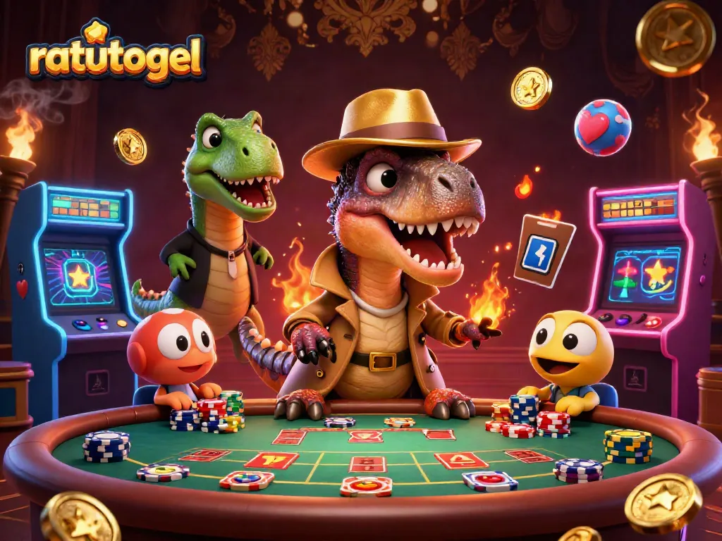 Play ratutogel with a velociraptor card counter and stegosaurus pit boss in a busy casino scene full of vibrant game elements.