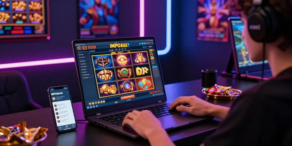 Engaged user enjoying mpomax online slot gaming on a laptop, showcasing vibrant graphics and gaming atmosphere.