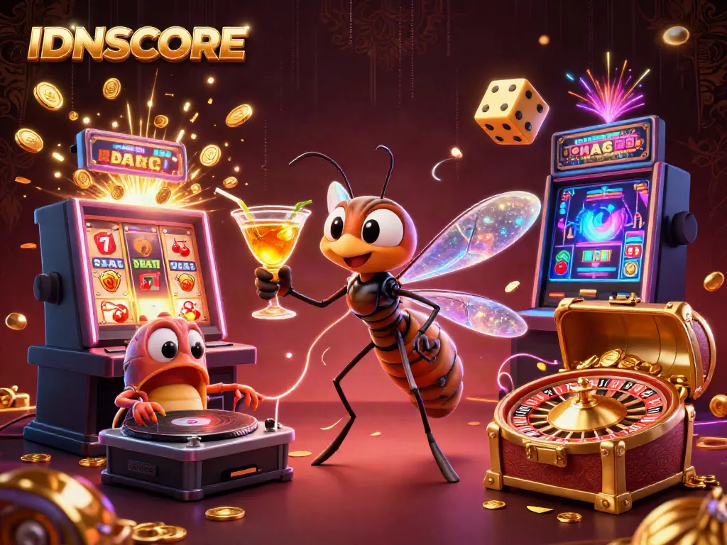 Experience thrilling gaming with IDNSCORE's 3D casino scene featuring vibrant characters and animated elements.