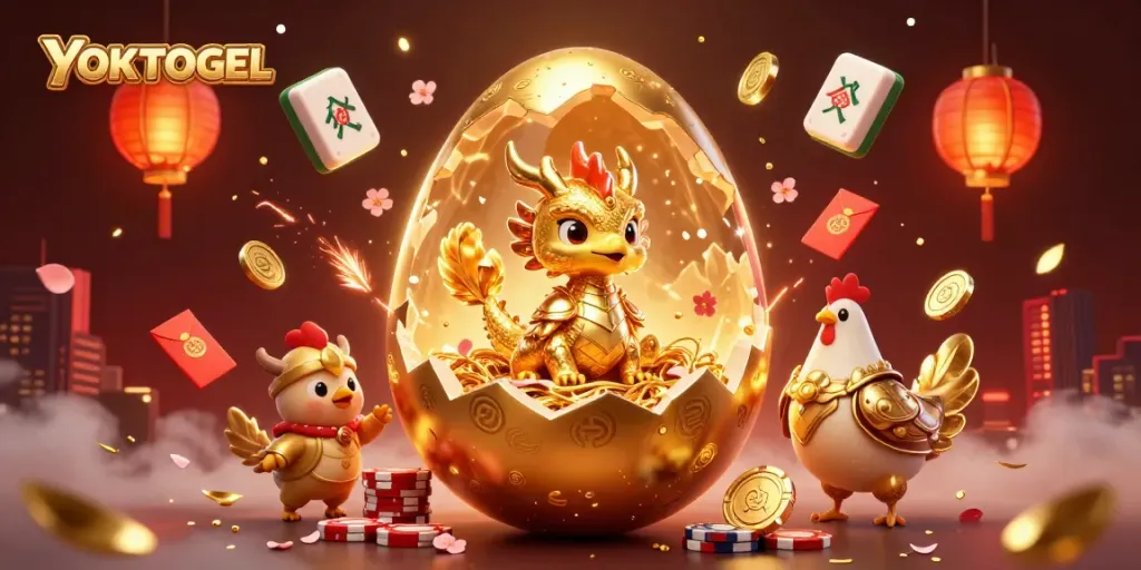 Experience thrilling jackpots at YOKTOGEL featuring a golden baby dragon revealing surprises, surrounded by festive gambling elements.