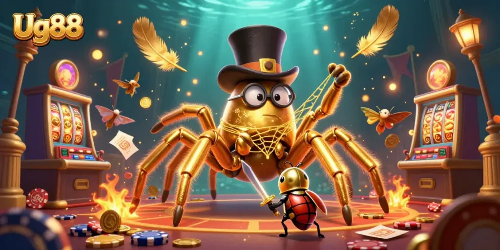 Experience thrilling bets with Ug88 amidst a vibrant 3D casino scene featuring a mystical tarantula and a chivalrous beetle knight.