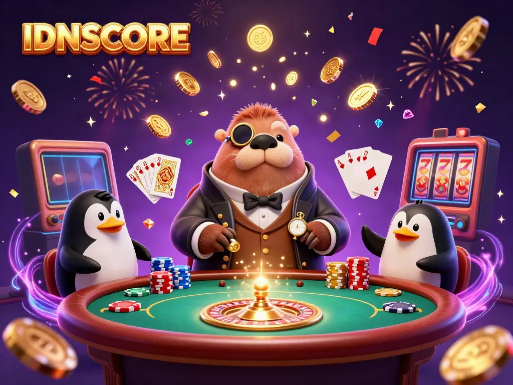 Experience IDNSCORE's thrilling underwater casino scene with a walrus playing poker, surrounded by festive elements.
