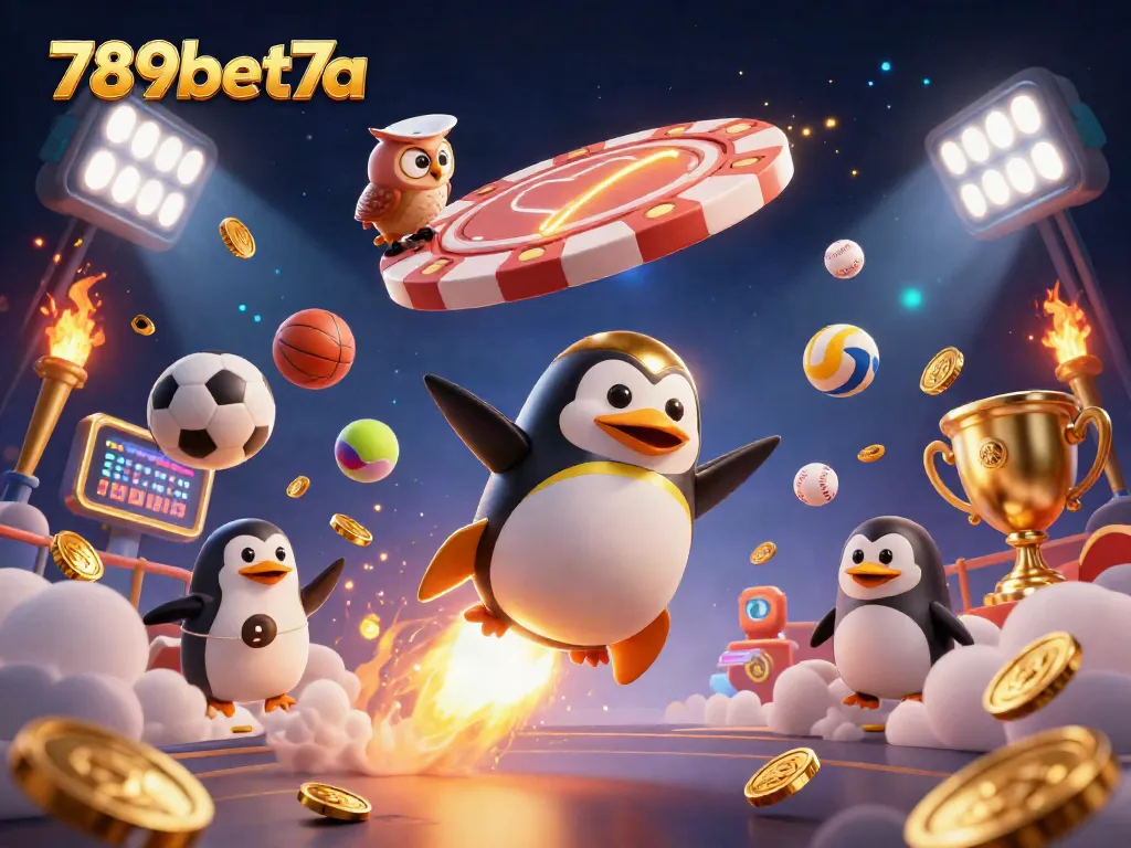 The golden penguin rockets toward the casino space station, capturing the thrill of gambling at 789bet7a.