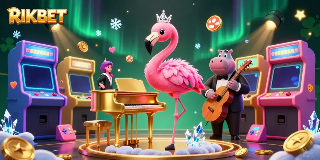 Spin to win at RIKBET with a vibrant casino scene featuring lively characters and gaming elements.