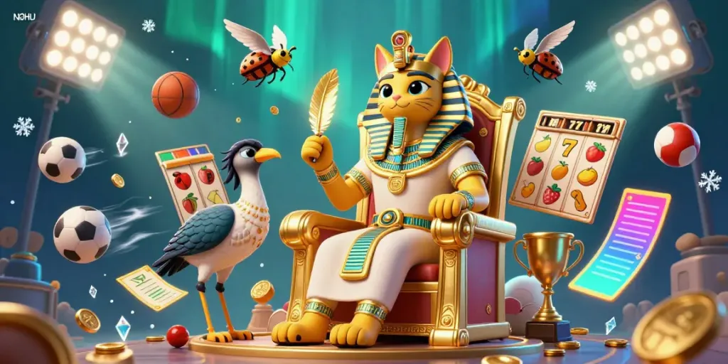 Experience the thrill of NOHU with a vibrant 3D illustration showcasing exciting slots, royal characters, and casino elements.