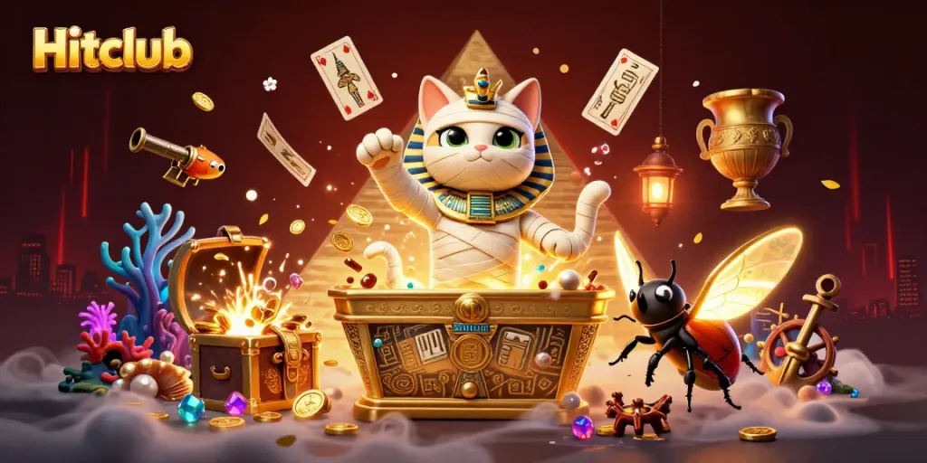 Engage in thrilling gameplay with Hitclub, showcasing a vibrant casino scene with unique characters and endless treasures.