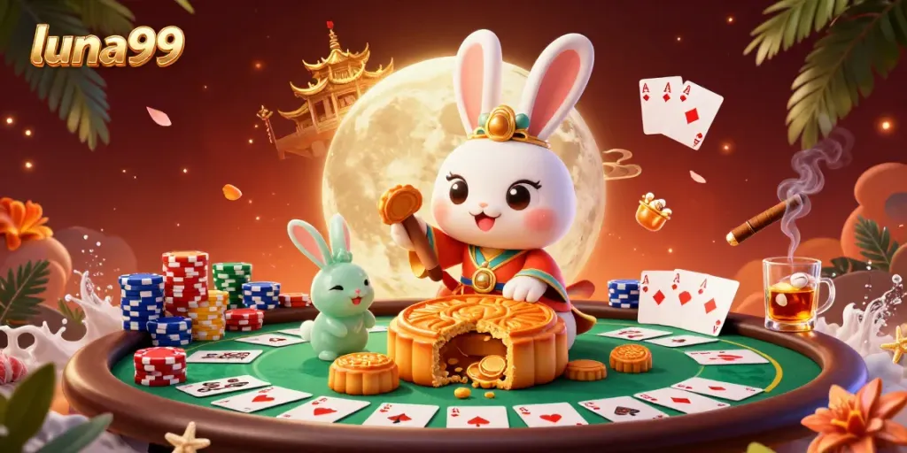 Gambarkan permainan luna99 dengan kelinci bulan mengolah kue bulan emas dan chip poker di latar belakang.