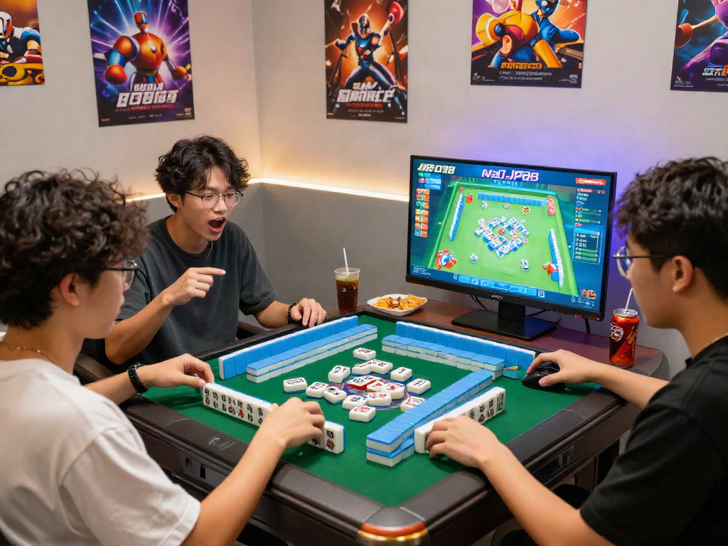 Exciting MahjongJP88 gaming scene with friends engaged in a game session, vibrant atmosphere and digital interface.